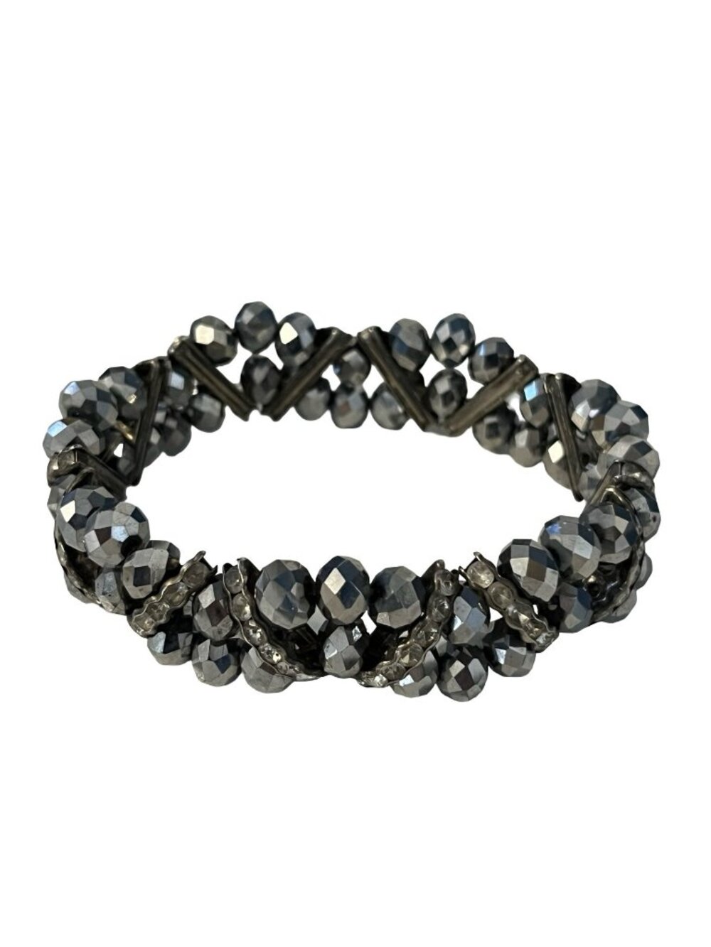 Faceted Hematite Bead Stretch Bracelet Black Metallic Crystal Chunky Stackable